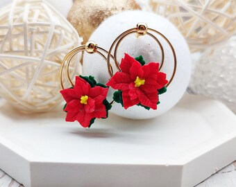 Poinsettia 18 K Gold Filled Double Hoop Earrings | Christmas Jewelry for Women | Elegant Holiday Gift