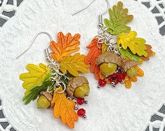 Fall Leaf Earrings — Oak Leaf Acorn Dangle — Autumn Colors Nature Jewelry
