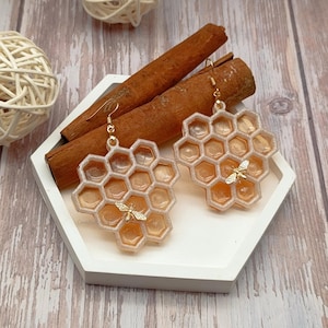 Honeycomb Bee Earrings: 18K Gold Filled Resin Hexagon, Nature Jewelry