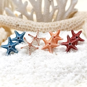 May include: A collection of eight small, textured starfish figurines arranged in pairs on a bed of white sand. The starfish are colored in shades of blue, white, peach, and deep red, each featuring a distinct bumpy surface and a central opening.