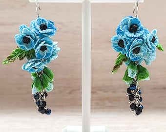 Flower Dangle Earrings Long Drops Blue Poppy Flowers Polymer Clay Dangling Statement Jewelry