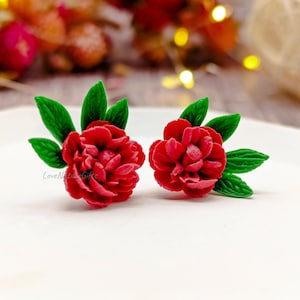 Red Peony Stud Earrings: Polymer Clay Floral Jewelry