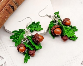 Acorn Dangle Earrings | Green Oak Leaf Jewelry | Nature-Inspired Forestcore Accessories