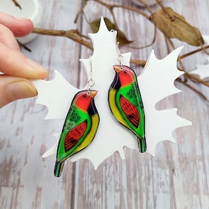 Cheerful Finch Bird Earrings Dangle | Colorful Resin Jewelry | Funny Birdy Accessory