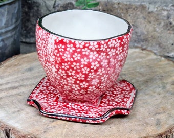 Taza de té Yunomi con soporte, pellizco de gres