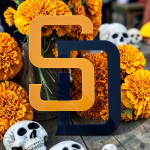 Pode incluir: Uma composição vibrante com as letras "SD" em laranja e azul marinho, em destaque sobre um fundo de flores de calêndula laranja brilhante e caveiras decorativas. Um design moderno para o Dia dos Mortos.