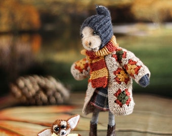 Fall coat for Rebecca's felt mouse. Woodland sweater for felt mini toy. Soft doll orange outfit