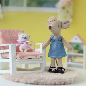 Maileg mouse blue denim sundress. Soft toy summer outfit. Miniature dollhouse clothes .  Maileg doll sister pinafore