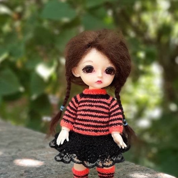 Halloween sweater for Pukifee doll. Striped black & orange wreath for Lati Yellow. Kawaii halloween shirt for 6 inch doll