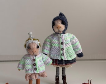 Spring cardigan for felted mouse by Rebecca. Miniature mint sweater: Hand-Knitted Outfit for Felt Mouse