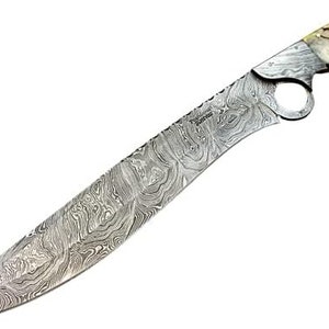 RG-213 Handmade Damascus Steel 17 Inches Bowie Knife - Beautiful Lamb Horn Handle with Damascus Steel Bolsters