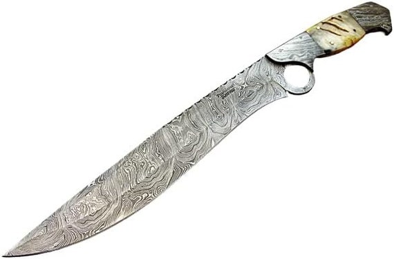 RG-213 Handmade Damascus Steel 17 Inches Bowie Knife - Beautiful Lamb Horn Handle with Damascus Steel Bolsters