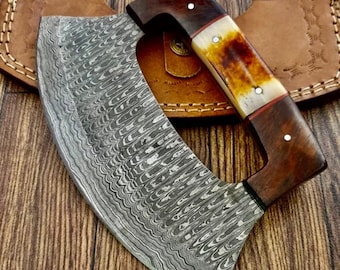 TTC-111 Handmade Demascus Ulu kitchen Knife -Wood Handle (Bone/wood Handle)
