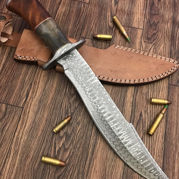 REG-49 Handmade Damascus Steel 15.25 Inches Bowie Knife - Solid Marindi Wood/Bone Handle(Case/Knife may vary slightly))