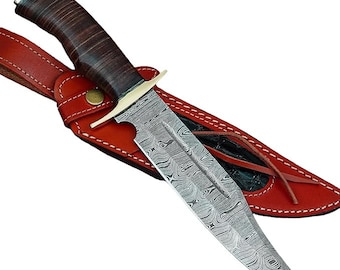 REG-734, Handmade Damascus Steel 13.5 Inches Hunting Knife - Rose Wood/Leather Handle