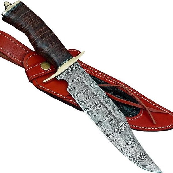 REG-734, Handmade Damascus Steel 13.5 Inches Hunting Knife - Rose Wood/Leather Handle