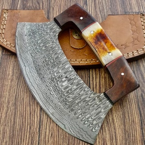 TTC-108-Custom Handmade Damascus Steel Ulu Kitchen Knife Piece of Art