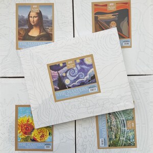 May include: Paint-by-number canvases featuring famous artworks, including the Mona Lisa, Van Gogh's Starry Night, and a sunflower painting. Each canvas has a printed outline of the artwork and a label with the artist's name and artwork title.