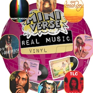May include: A Mini Verse Real Music Vinyl collectible set featuring a pink circular background with various music album covers including Britney Spears, Amy Winehouse, Bob Marley, TLC, and Imagine Dragons, alongside miniature vinyl records and sleeves.