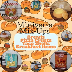 以下が含まれることがあります： パン、ピザクラスト、タコシェル、朝食アイテムを含むMiniverse Mix-Upsミニチュアフードのコレクション。画像には、パスタの箱やパンのボウルなど、パッケージ化されたものやバラのミニチュア食品が多数含まれています。