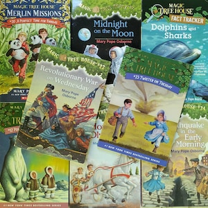 May include: A collection of Magic Tree House book covers. Titles include "Merlin Missions #20 A Perfect Time for Pandas", "Midnight on the Moon", "Revolutionary War on Wednesday", "Twister on Tuesday", "Dolphins and Sharks", and "Earthquake in the Early Morning".