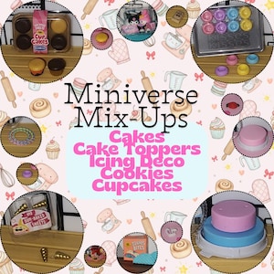 Może przedstawiać: Kolaż miniaturowych artykułów do pieczenia, w tym babeczek, ciasteczek i dekoracji do ciast. Obraz zawiera tekst "Miniverse Mix-Ups" oraz kategorie produktów takie jak "Ciasta" i "Babeczki".