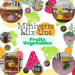 Puede incluir: Una colección Miniverse Mix-Ups Fruits Vegetables que presenta varios artículos de comida en miniatura, incluyendo ingredientes para Krabby Patty, maíz, piña, fresas, brócoli y otros productos en recipientes de plástico transparente y frascos.