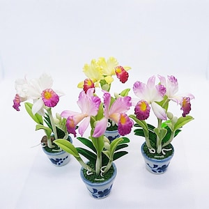 4"H Handmade Miniature Artificial Clay-Crafted Classic Cattleya Orchid,  Arranged in Ceramic Pot, US Stock