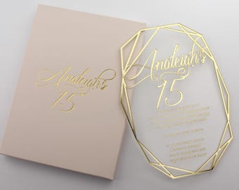 Geometric Acrylic Sweet 15 Birthday Invitations: Pink Quinceanera with Box