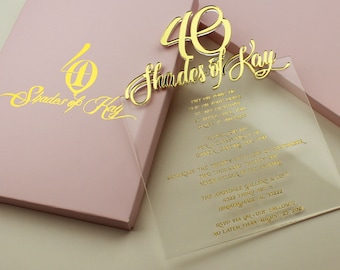 Acrylic 40th Birthday Invitations, 20th 30th 30th 40th 50th 60th 70th Birthday Invitations, Gold Personalized Clear Acrylic Party Invites