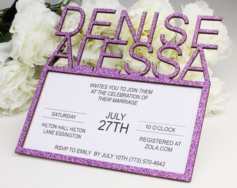 Purple Glitter Wedding Invitation with Embossed Letters, Violet 3-D Wedding Invitation, Monogram Wedding Invitations, Purple Border Boxes,