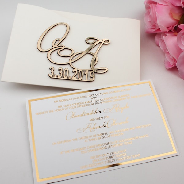 Gold-Hochzeitseinladung mit geprägten Buchstaben, Gold heiße Folie Hochzeit einladen, Braut Bräutigam Name, 3-D-Monogramm Hochzeitseinladungen, Gold einladen