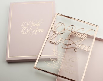 Luxury Acrylic Wedding Invitation: Rose Gold Foil, 3D Mirror, Boxed