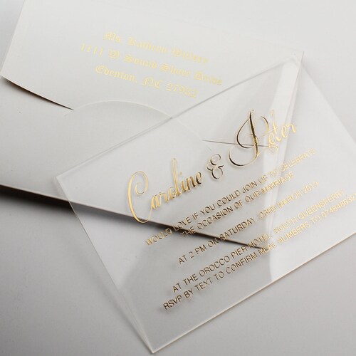 Clear shops Acrylic Wedding Invitation, Transparent Invitation, Real Gold Foil Printed Invite, Real Gold Foil Invitation, Modern Mirror Invitation