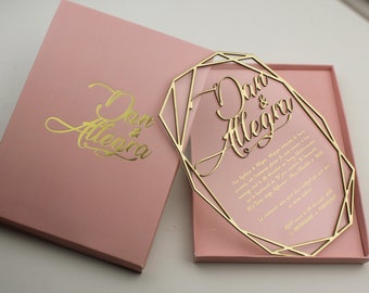 Modern Geometric Acrylic Wedding Invitation • Clear Boxed Invite with Gold Foil • Luxury Transparent Wedding Suite