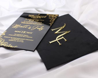 Gold Foil Black Acrylic Wedding Invitation | Luxury Velvet Envelope