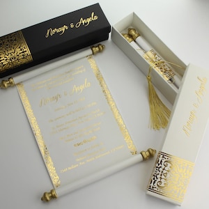 Unieke Royal Scroll-uitnodigingen, elegante bruiloft- en feestuitnodigingen met doos, verloving vrijgezellenfeest jubileum huwelijk Mr Mrs Invite