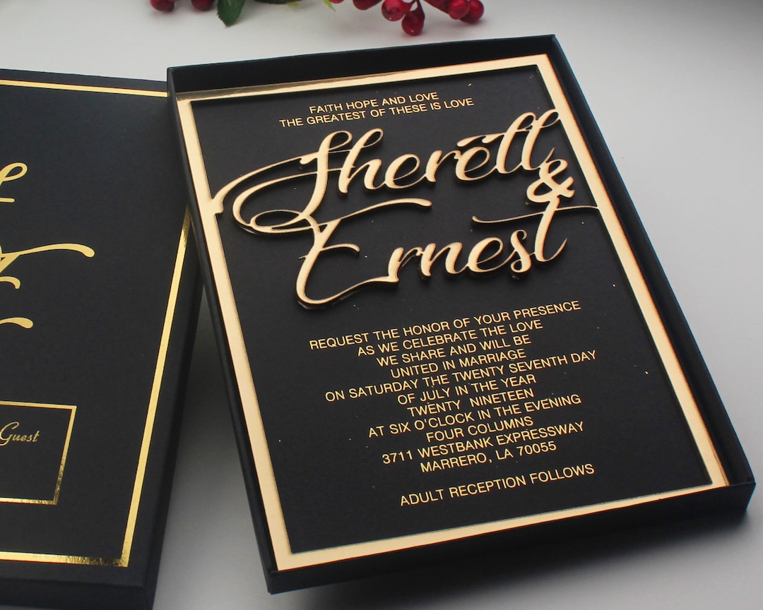 Gold Embossed Wedding Invitation, Gold Black Invitation, 3D Invitation