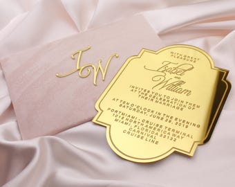 Golden Mirror Acrylic Wedding Invitation, Velvet Envelope, Laser Engraved