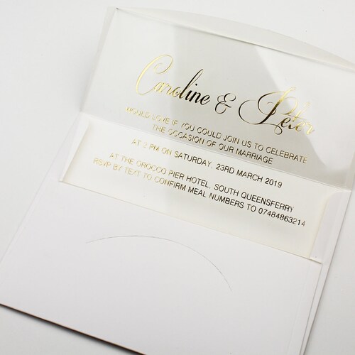 Clear shops Acrylic Wedding Invitation, Transparent Invitation, Real Gold Foil Printed Invite, Real Gold Foil Invitation, Modern Mirror Invitation