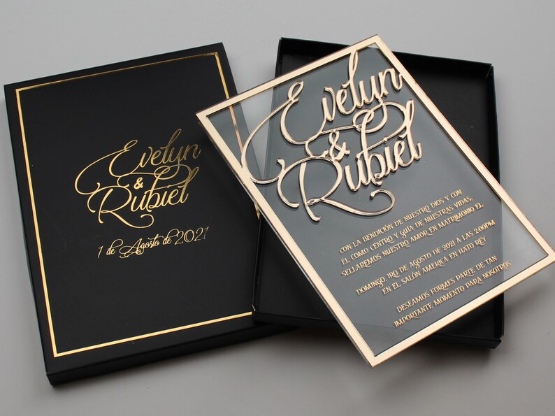 Gold Acrylic Invitations Engraved Clear Acrylic Wedding Etsy
