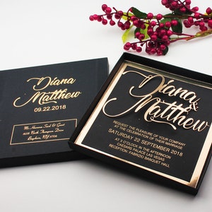 Einzigartige Goldhochzeits-Einladungen, Hot Foil personalisierte Einladungen, Hochzeitseinladungskarten Boxed, Laser-Schneiden Einladungen, 3D-Einladung