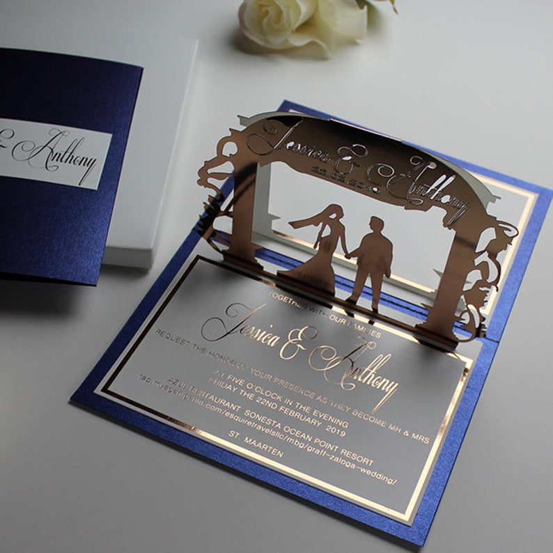 Rose Gold Wedding Invitations Navy Blue Bride Groom Etsy