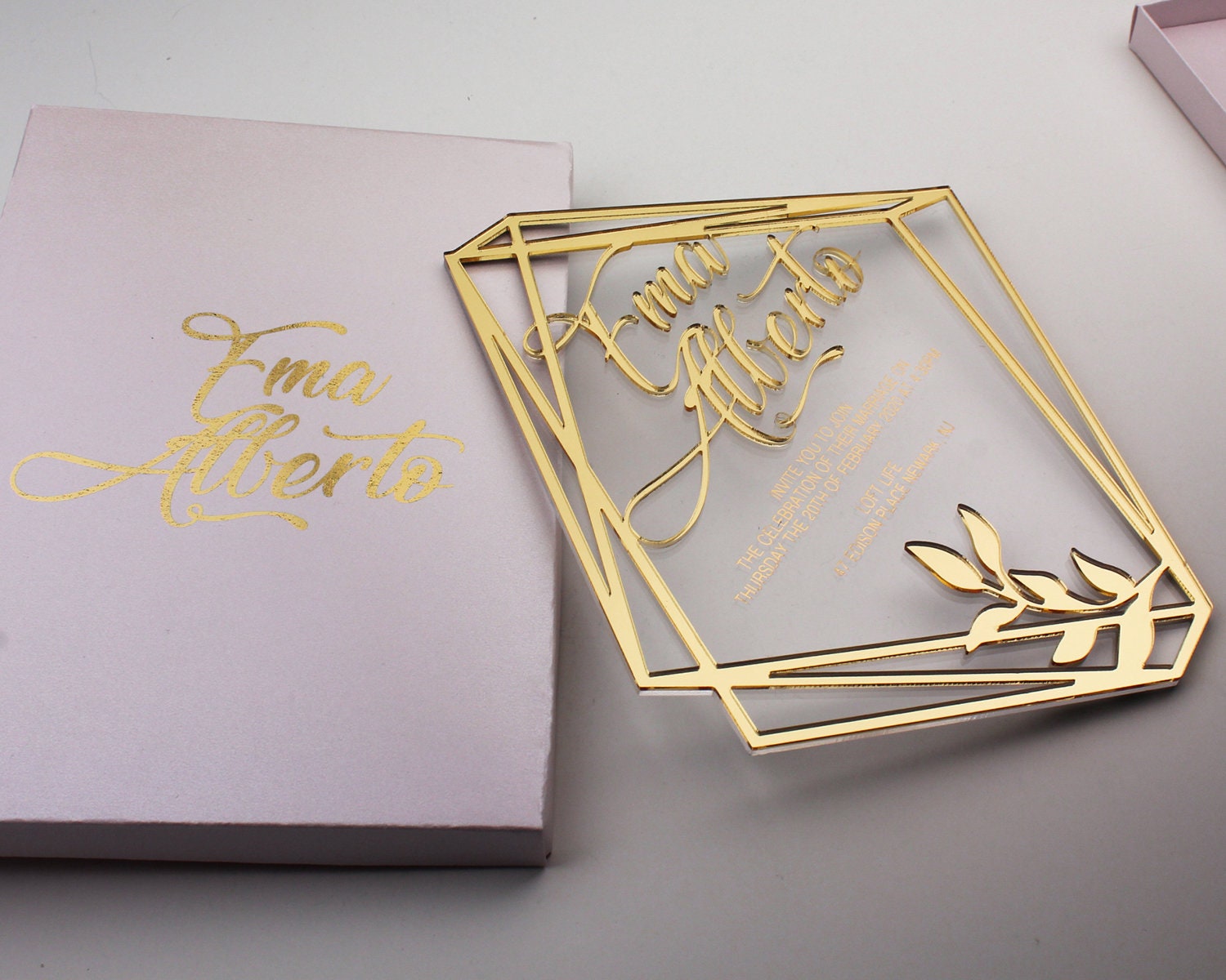 Embossed Bride Groom Names Transparent Acrylic Invitations, Gold Foil