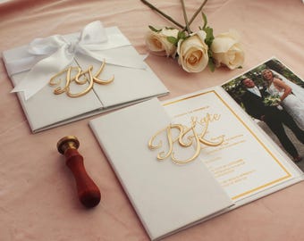 Luxury Gold Foiled Wedding Invitation Suite: Laser Cut Initial, Modern Couture