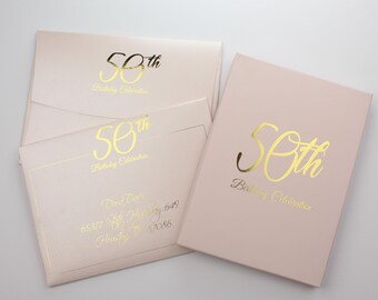 Custom Acrylic 50th Birthday Invitations: Pink & Gold, Boxed or Envelope