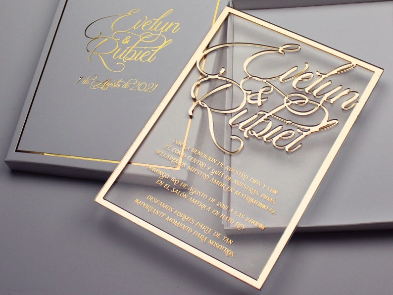 Gold Acrylic Invitations Engraved Clear Acrylic Wedding Etsy