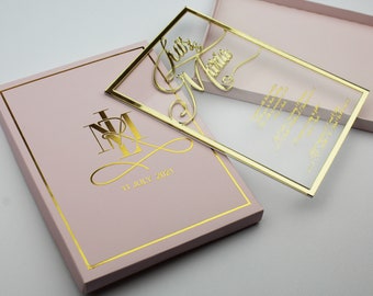 Gold Foil Acrylic Wedding Invitation: Elegant Plexiglass with Custom Box