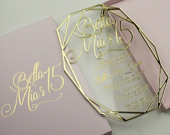 Luxury Acrylic Quinceañera Invitation: Hot Foil Gold, Handmade