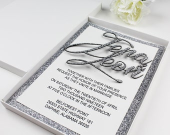Silver Glitter Wedding Invitation, Glitter Wedding Invitation with monogram, 3-D Elegant Invitations, Vintage Invitation, Custom invitations